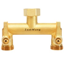 Heavy Duty Brass 2-Way Garden Hose Splitter, 3/4" GHT Threads, Metal Shutoff Valve, Long Handle
