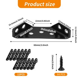 12Pcs Black Universal Stainless Steel Furniture Corner Connector with 80 Screws, Trapeziform Corner Brackets, Angle Corner Brace for Wood Shelves, Chair Drawer Cabinet Tables