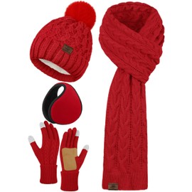 URATOT Women Winter Beanie Hat Scarf Gloves Ear Warmer 4 in 1 Set Beanie Pompom Hat Touchscreen Gloves Long Scarf Ear Warmer Red