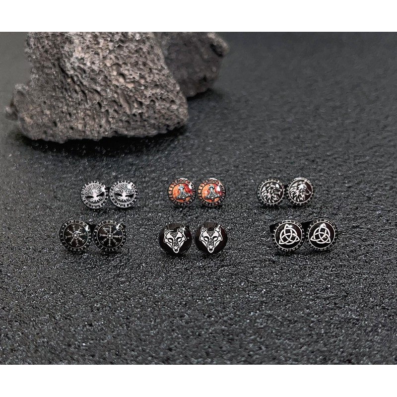 SIISPRI 6Pairs Norse Viking Stud Earrings Mens Earrings Set Hypoallergenic