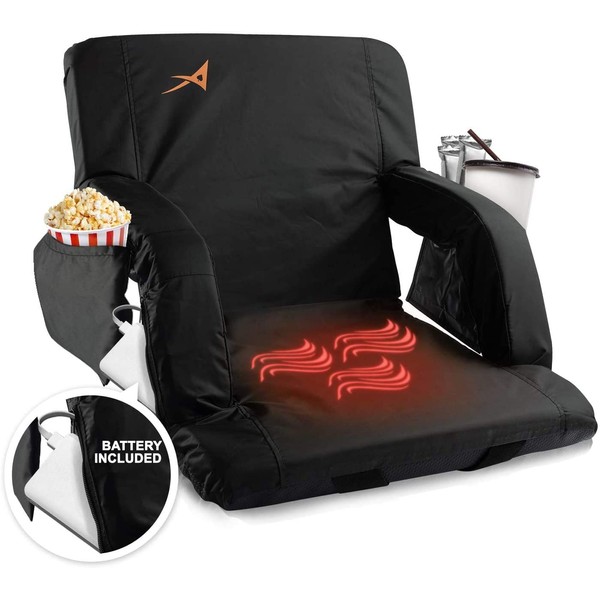 Heated Stadium Seats for Bleachers with Back Support – USB Battery Included - Upgraded 3 Levels of Heat - Foldable Chair - Cushioned, 4 Pockets for Snacks, Cup Holder - for Camping, Games & Sports