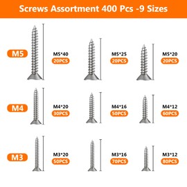 M3 M4 M5 Stainless Steel Screws, 400 Pcs Self Tapping Screw, Assorted Wood Phillips Flat Head Cross Head Countersunk Screws Assortment for Furniture Door Hinge Screw
