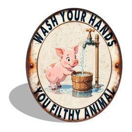 Pig "Wash Your Hands" Round Aluminum Sign Plaque Wall Art, Home Restaurant Bar Cafe Garage Decoration, Room Decor 8 In (2531)