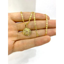 IsasJewelry Round Virgen de Guadalupe Pendant Necklace Valentino Chain 14" Baby Newborn Gold