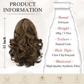 Sofeiyan Ponytail Extension 28 cm Claw Clip in Ponytail Hair Extensions Short Curly Wavy Ponytail Extensions Synthetic Hairpiece for Women, Dark Brown/Golden Brown Auburn