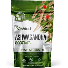 High Strength Ashwagandha 8000mg - Pure Ashwagandha Root Extract with Withanolides for Mood, Stress & Anxiety Relief - 90 Vegan Capsules