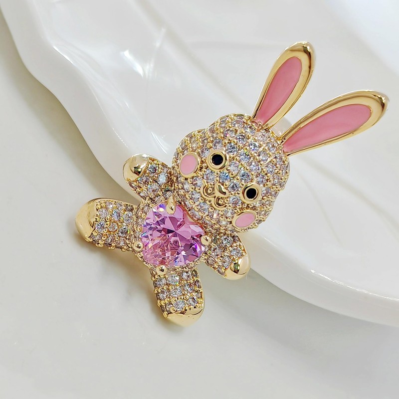 CYPINA Adorable Pink Enamel CZ Bunny Rabbit Brooch Pin with