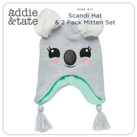 ABG Accessories Girls Critter Winter Hat and 2 Pair Gloves or Mittens (Toddler/Little Girls), Size Age 2-4, Koala Mittens