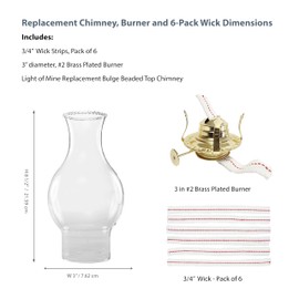 Light of Mine - Oil Lamp Replacement Kit Including 3" x 8 ½” with 4 ¾" Bulge Beaded Top Chimney, #2 Brass Plated Burner, and ¾ Replacement Wick Strips (Beaded Chimney, #2 Burner, Wick)