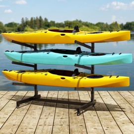 Baotree Heavy Duty Freestanding Kayak Storage Rack, Adjustable Metal Stand for 3 Kayaks, Canoes, SUPs, Paddleboards & Surfboards with Lockable Wheels, Indoor & Outdoor Use