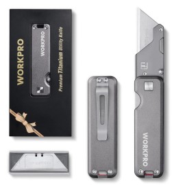 WORKPRO Premium Titanium Utility Knife, CNC Unibody w/10 Extra Blades Black/Gray - Gray-Aluminium Handle