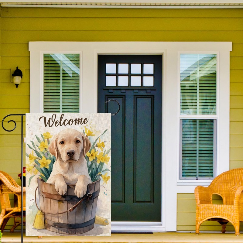 HILILIAN Welcome Spring Summer Labrador Retriever Garden Flag, Burlap Small