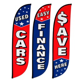 LookOurWay Feather Flag Bundle 3-Pack - 12 Feet Tall Advertising Flag Banner for Used Car Dealership Business Promotion - Flag Only, No Poles Included (Used Cars Stars, Easy Finance, Save Here)