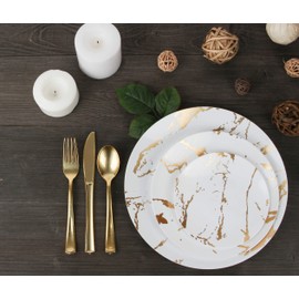 PLASTICPRO 32 Piece Combo Plates Set includes 16-7'' inch Plate & 16-10'' inch Dinner Plates White Plastic With Gold Stroke Design Party Plates, Premium heavyweight Elegant, Tableware,