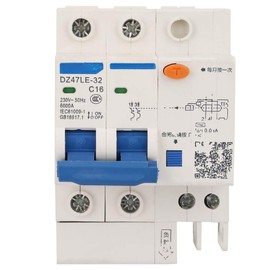 2 Pole fi Circuit Breaker, 30 mA 230 V Residual Current Circuit Breaker, DZ47LE-32 2P+2 16A 230V, with Overcurrent Protection, 35 mm DIN Rail Mounting