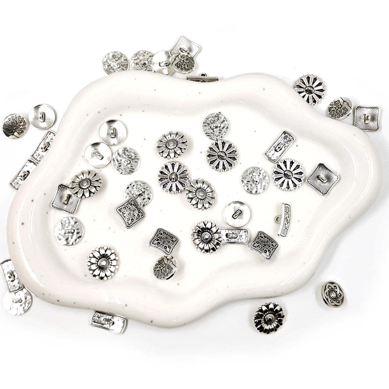 50PCS Engraved Flower Metal Buttons, 5 Styles Vintage Style Silver
