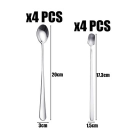 4 Piece Stainless Steel Spoons and 4 Piece Mixing Spoon, Spoon Set, Coffee Spoon, Long Handled Spoon, Tea Spoon, Suitable for Coffee, Drinks, Desserts etc
