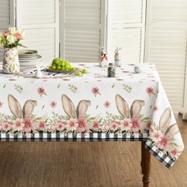 Horaldaily Easter Tablecloth 60x120 Inch Rectangular, Spring Flower Buffalo Plaid Bunny Ear Table Cover for Party Picnic Dinner Decor
