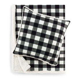 Eddie Bauer Home | Flannel Collection | Throw Blanket-Reversible Sherpa Fleece Cover, Soft & Cozy, Perfect for Bed or Couch, Throw & Pillow, Cabin Black Bundle