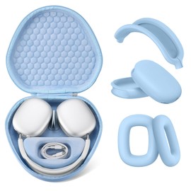 Maxjoy for Airpods Max Case, Smart Case Supports Sleep Mode, with AirPods Max Silicone Earpad Cover/Ear Cups/Headband Cover Accessories, Portable Travel Carrying Storage Bag, Light Blue Set