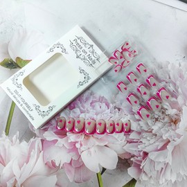 French Tip Press on Nails Short Fake Nails with Designs Glossy Valentines False Nails Heart Nails Press on Acrylic Nails Hot Pink Stick on Nails Press ons Heart Square Glue on Nails for Women 24Pcs