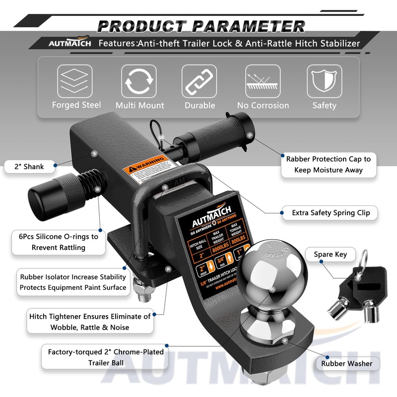 AUTMATCH Trailer Hitch Ball Mount with 2 Inch Hitch Ball