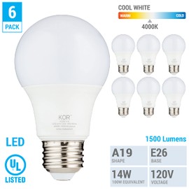 (Pack of 6) KOR 15W LED A19 Light Bulb (100W Equivalent), UL Listed, 4000K (Cool White), 1500 Lumens, Non-Dimmable, LED 15 Watt Standard Replacement Bulbs, with E26 Base, 10,000 Hours, Long Life