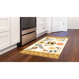 Floor Flair Collection, Honey and Hive Bee Floral 3 x 5 Feet, Durable Waterproof & Stain Resistant Vinyl, Indoor Area Mat, Protective Floor Covering, Interior Home Décor