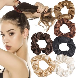 Senshuomy Hair Scrunchies for Women Solid Color Elastic Bands Soft and Silky Hair Ties Bobbles Hair Bands Hair Accessories, for Thick Thin Curly Hair, 6 Pack (Silk)