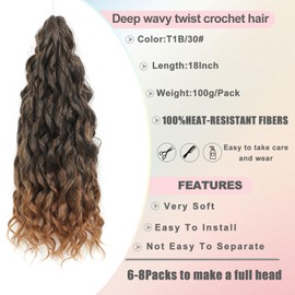 FANWYFYU 6Packs Deep Wavy Twist Crochet Braids Hair 18Inch French Curly Braiding Hair Pre-Looped Long Bohemian Crochet Hairs Water Wave Synthetic Curly Hair Extensions for Women and Girls (T1B-30)