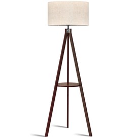 LEPOWER Tripod Floor Lamp, Mid Century Wood Standing Lamp, Modern Design Shelf Floor Lamp for Living Room, Bedroom, Office, Flaxen Linen Shade with E26 Lamp Base Walnut