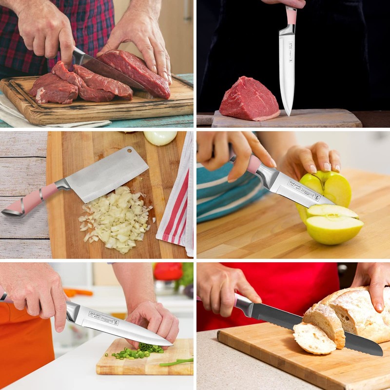 Kitchen Knife Set, Retrosohoo 9-Pieces Pink Sharp Non-Stick Coated Chef