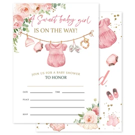 Whaline 25 Sets Girl Baby Clothes Baby Shower Party Invitations with Envelopes Stickers Pink Cute Paper Cards Fill-In Invites for Birthday Gender Reveal Supplies, 5 x 7 Inch