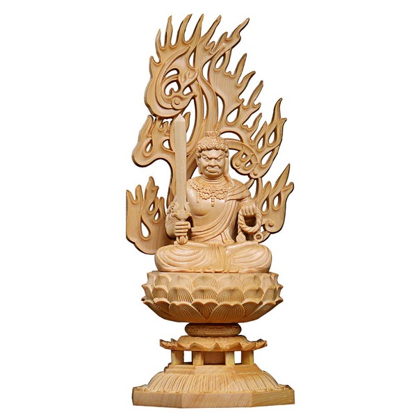 Traditional Sculpture Buddha Statue, Fudo Myoo Buddhist Altar Statue, Wood Carving, Cypress Wood, Octagonal Base, Flame Reflection, Year of the Rooster, Protection Honzon, Prayer, Evil Protection