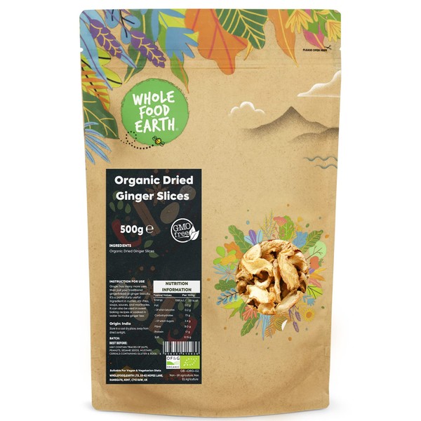 Whole Food Earth® - Organic Dried Ginger Slices 500 g | GMO Free | Certified Organic