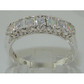 Solid 925 Sterling Silver Ladies Cubic Zirconia CZ & Opal Eternity Band Ring Size T White 7 stone ring