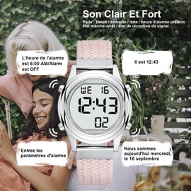 Hearkent Ladies Digital Talking Wrist Watch with Pleasant French Voice LCD Display Large Digits for Visually Impaired, Elderly or Blind - Pink Classic