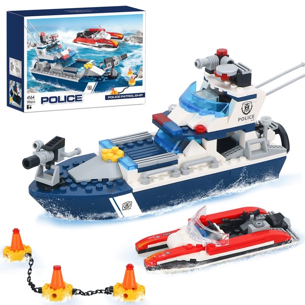 COGO MAN City Police Patrol Boat Building Blocks with Race Boat, Coast Guard Ship Cop Chase Crook Boat Building Toys, Police Toy Gift for Boys Kids Aged 6-12, 285 Pieces