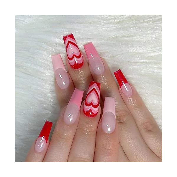 Valentine's Day Press on nails Medium Length Fake Nails Acrylic French Red Heart Exquisite Luxury Design Fashion Romantic Valentine's day Nail Decoration for Nails for Women and Girls 24 Pcs