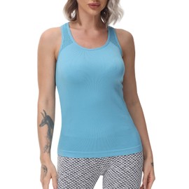 Camisetas de yoga para mujer, lindas camisetas sin mangas de entrenamiento, con espalda cruzada, corte láser, camisetas deportivas para correr, Azul / Patchwork, XL