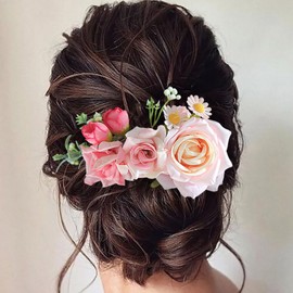 Fangsen Elegant Pink Handmade Floral Hair Comb - Wedding Hair Accessories with Vintage Daisy Sunflower Rose Buds - Silk Flower Hair Comb for Bridal Hairstyles Black
