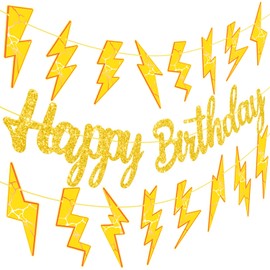 Lightning Birthday Banners Flash Weather Birthday Party Decorations 3PCS Yellow Lightning Bolt Party Banners Flash Decor for Thunder Party Supplies