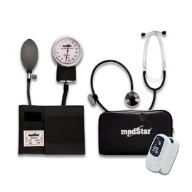 MEDSTAR | Baumanómetro con Estetoscopio Simple Gris + Oximetro Blanco de Pulso Ligero para Dedo, Adulto e Infantil, Incluye Estuche y Cordón