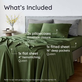 Bambaw 100% Viscose Derived from Bamboo Sheets Queen Size Set – 4pcs Cooling Sheet Set, Super Soft Sheets Queen Size, Luxury Bedding, Deep Pocket Fits Up to 16'' Mattresses (Olive)