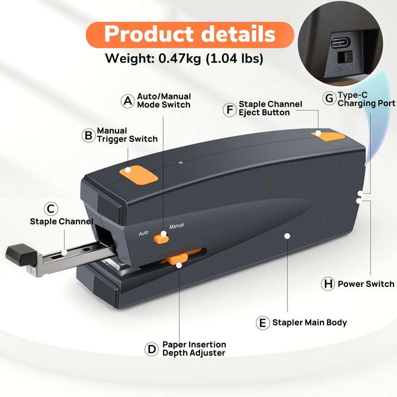 Rechargeable Electric Stapler, 25 Sheet Capacity, Quiet Operation, Jam-Free and