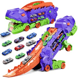 11 in 1 Dinosaur Toys for 3-7, Dinosaur Transport Truck with 8 Metal Cars, City Dinosaur Ultimate Hauler Track Toy, Transforms into Stomping Standing Dinosaur Toddler Toys Gifts for Kids Ages 3+