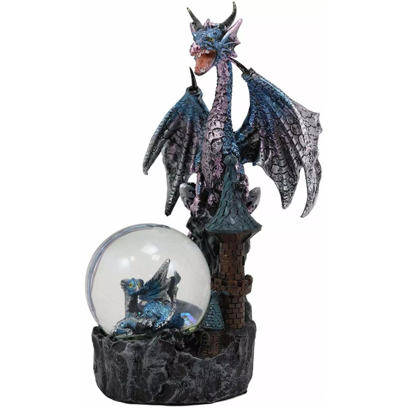 Metallic Blue Dragon On Cliff Rocks Castle With A Wyrmling