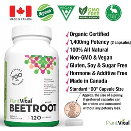 Plantvital PlantVital Organic Beet Root - Made in Canada - 1400mg (per 2 capsules) - Antioxidant Supplement - Protects Against Oxidative Damage and Free Radicals - 120 Vegan Capsules, 2-Months Supply