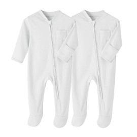 BINIDUCKLING Unisex Infant 2-Pack Zip-Up Baby Onesies Cozy Footed Pajamas Newborn Bodysuits Baby Clothes Solid Color Cotton Sleepsuit Rompers, White 12 Months