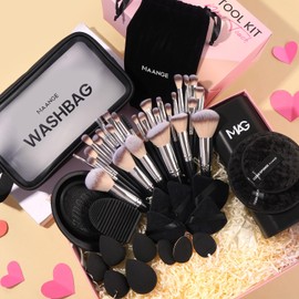 MAANGE Makeup Brush Set 51 PCS Professional Makeup Brushes for Foundation Powder Concealers Eye shadows Blending Blush Travel Make up Brush Kit (Black Silver)